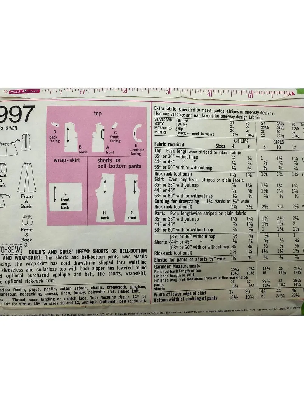 Vintage 1970s Pattern, Childs Jiffy Sorts and Bellbottoms, Sz 6, Simplicity 9997